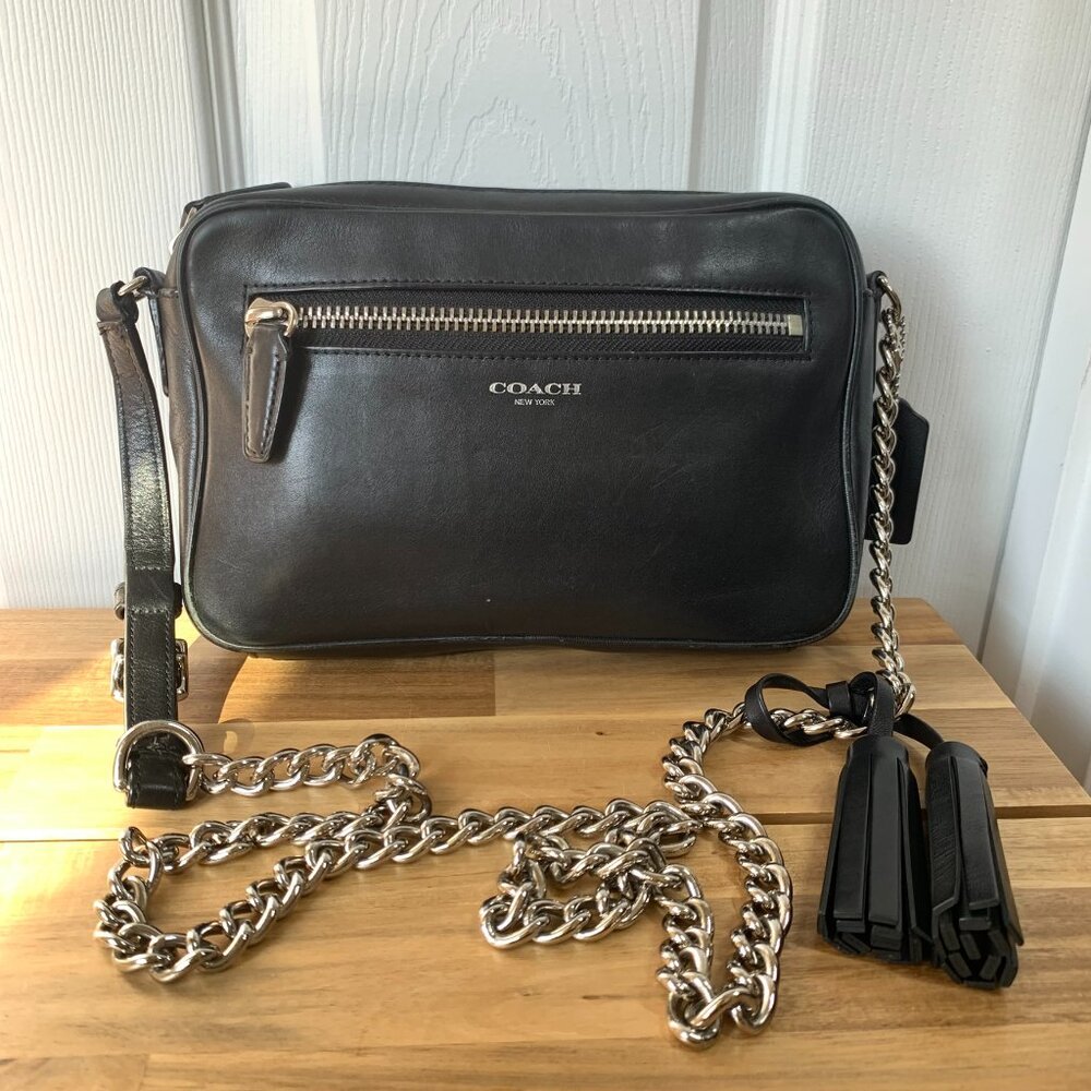 Coach Flight Bag 25362 – Black Leather Crossbody – Silver Chain Strap